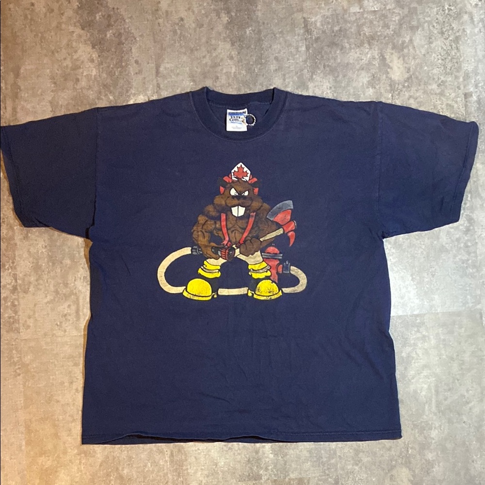 Funny Vintage Firefighter Tee Made in Canada XL Deep Navy Blue
